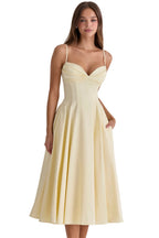 vestido midi de algodão cor limão com corte princesa